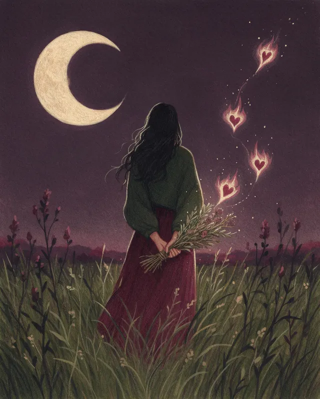 Ilustração em guache: uma mulher de costas, cabelos soltos, num campo à noite sob uma grande lua crescente, segurando um ramo de ervas. Pequenas faíscas em forma de coração sobem ao redor dela.