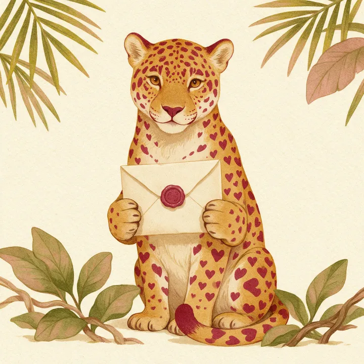 Gigi, a mascote: uma onça-pintada ilustrada, com pintas em forma de coração, segurando um envelope lacrado com cera vinho entre folhas do Pantanal.